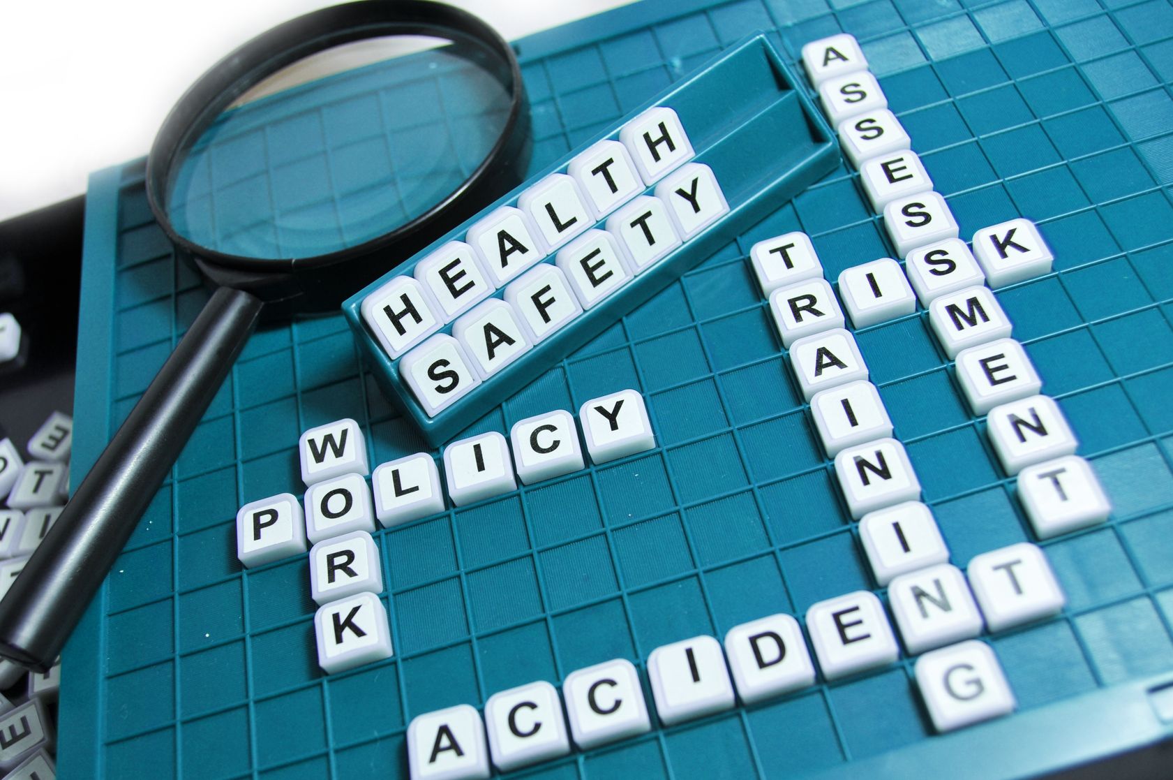 Health, safety, training, policy and accident concept tiles